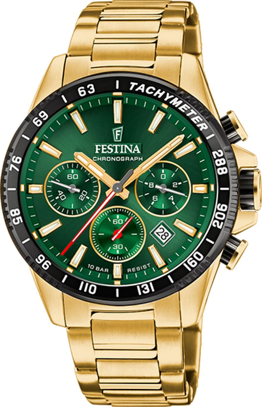 Herrenchronograph mit grünem Zifferblatt und goldfarbenem Armband