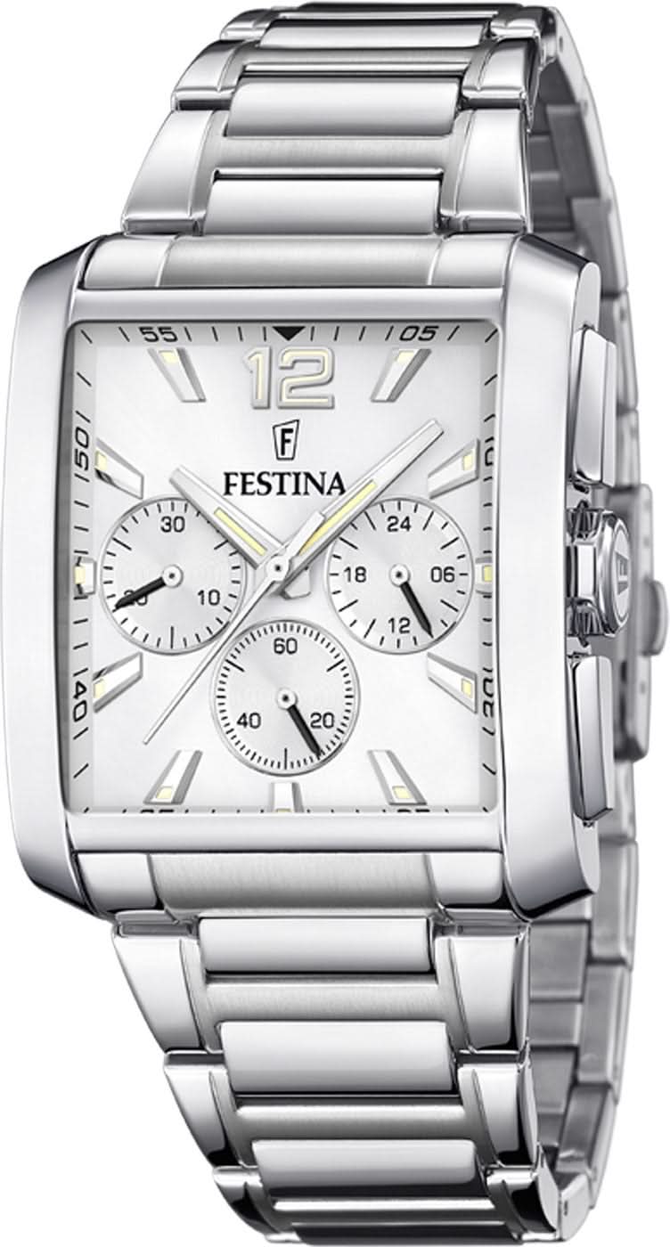 Edelstahl-Herrenuhr mit rechteckigem Gehäuse, silbernem Armband und weißem Zifferblatt