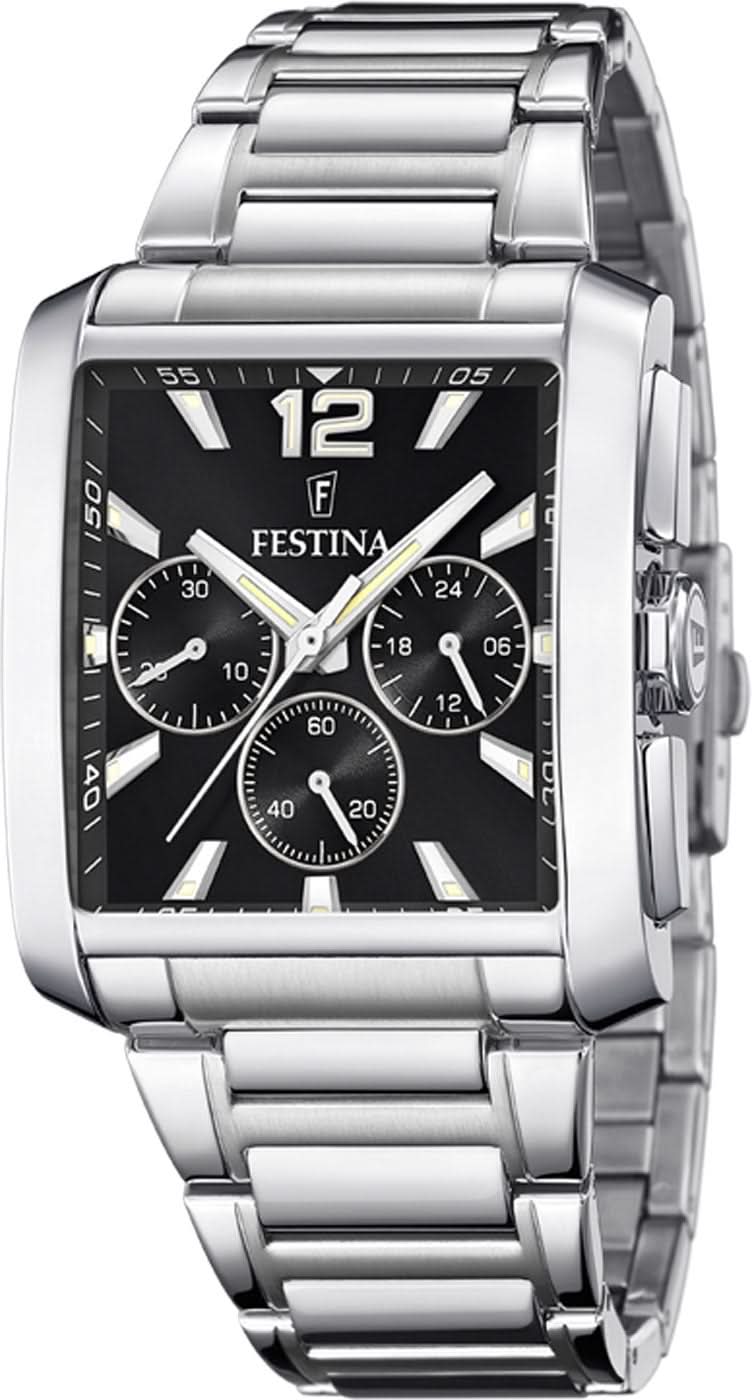 Festina Chronograph-Herrenuhr, Edelstahlarmband, schwarzes Zifferblatt
