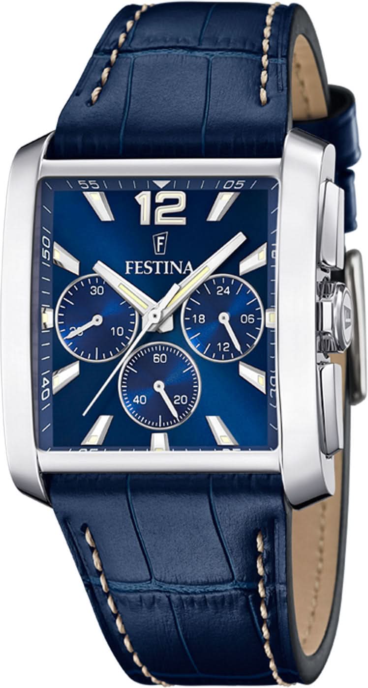 Festina Herrenuhr mit quadratischem Edelstahlgehäuse, blauem Zifferblatt und Lederarmband