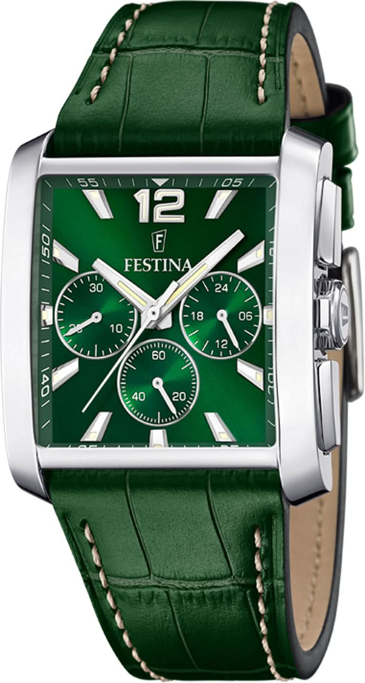 Herrenuhr mit grünem Lederarmband, silberfarbenem Edelstahlgehäuse und grünem Zifferblatt