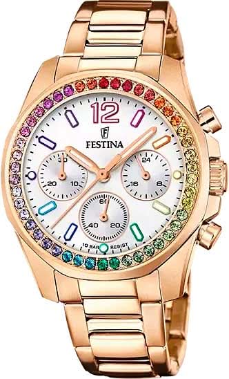 Orologio da donna con cinturino in metallo color oro rosa, quadrante bianco e lunetta arcobaleno