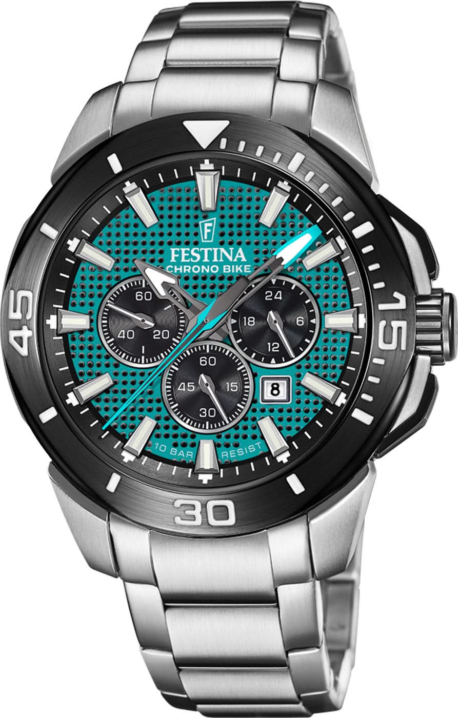 Orologio sportivo da uomo con cinturino in acciaio inossidabile, quadrante nero e sottoquadranti cronografici