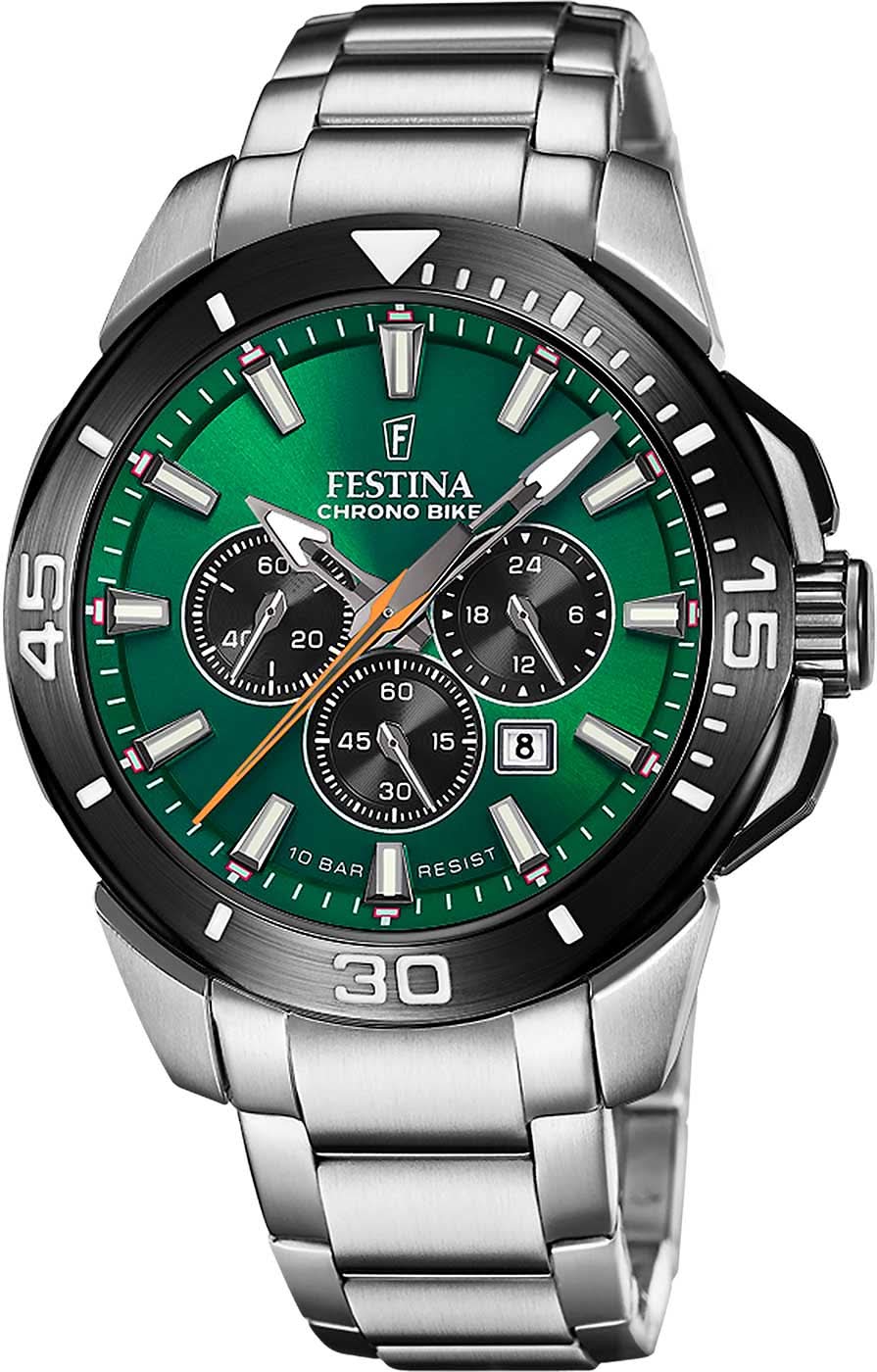Festina Chrono Bike Herrenuhr mit grünem Zifferblatt, sportlichem Chronograph, Edelstahlarmband.