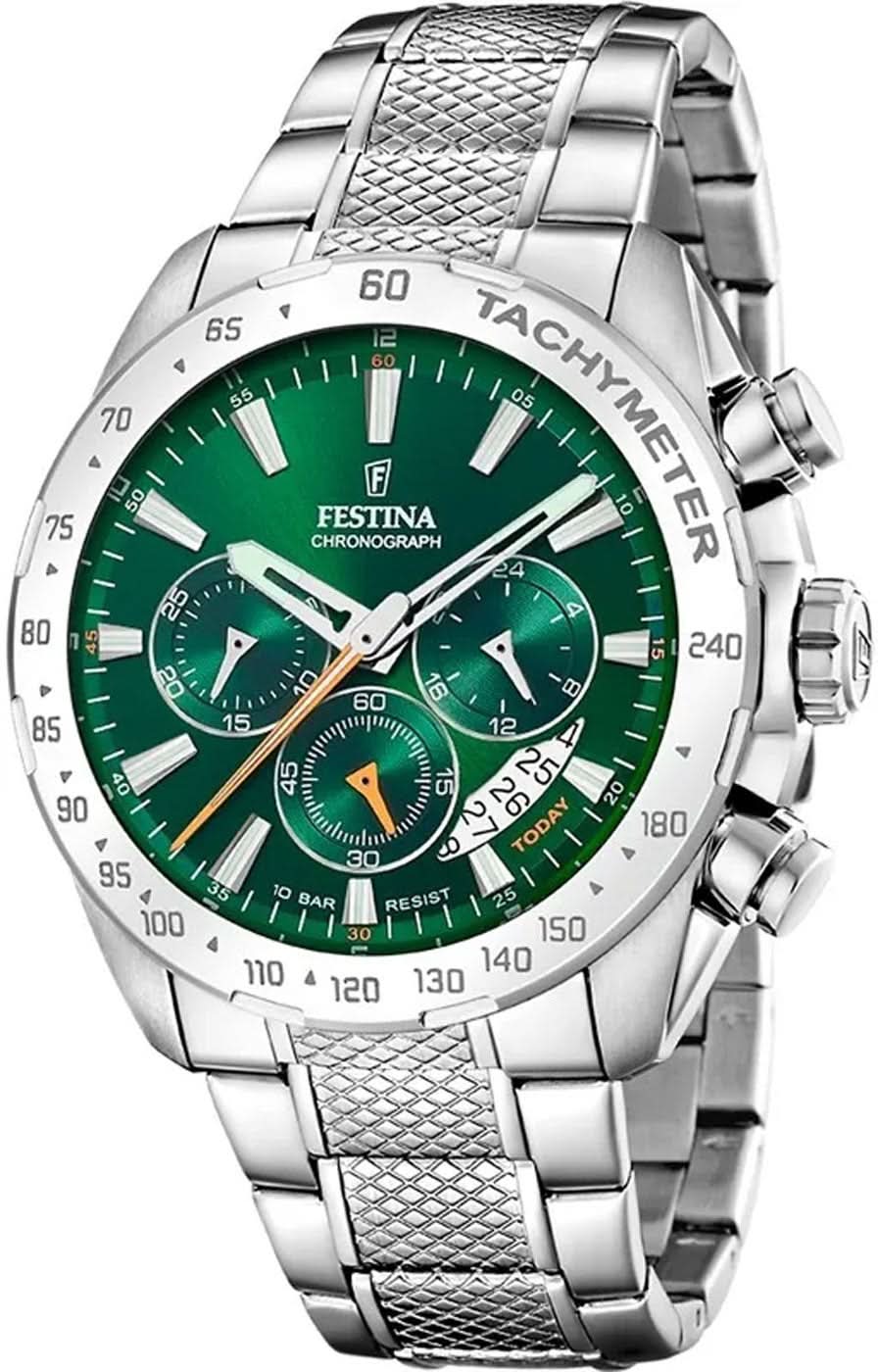Orologio da uomo con quadrante cronografo verde, lunetta tachimetrica e cinturino in acciaio