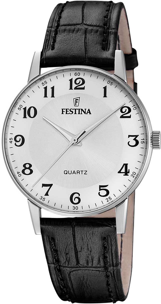 Orologio da uomo Festina con cassa argento, cinturino in pelle nera e quadrante bianco
