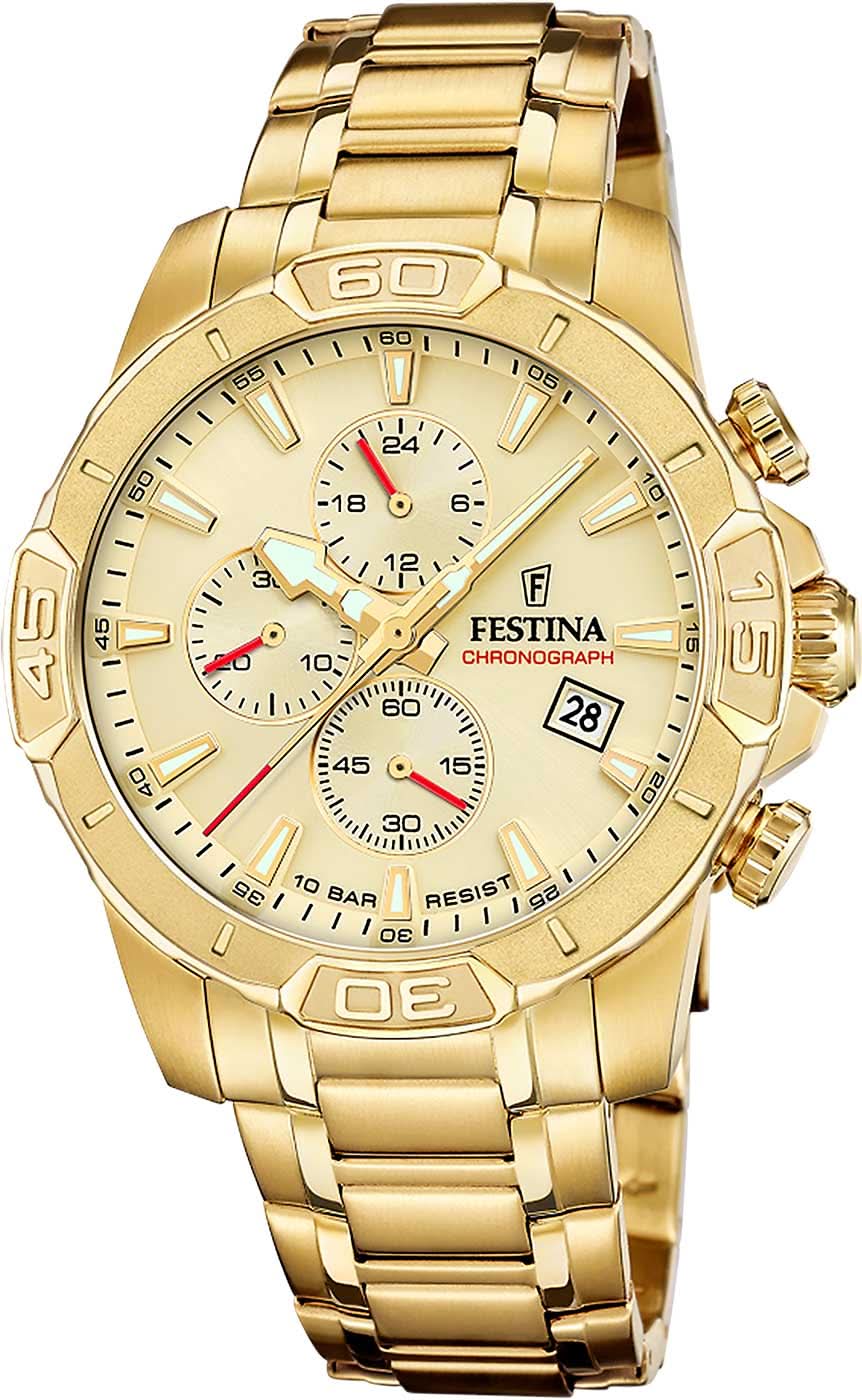 Festina Timeless Chronograph F20705/2 da uomo • Design in acciaio inossidabile dorato • Preciso movimento al quarzo