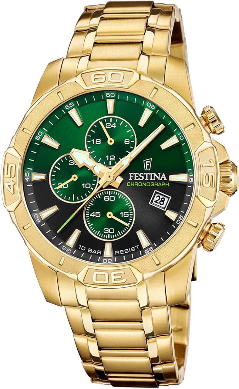 Orologio da uomo Festina Timeless Chronograph F20705/6 • Design oro e quadrante verde • Impermeabile 10 ATM