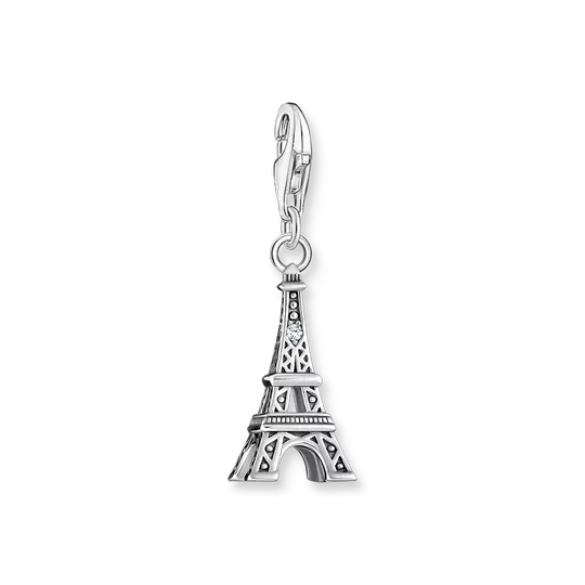 Charm a forma di Torre Eiffel in argento sterling 925 con passante e dettagli in rilievo.