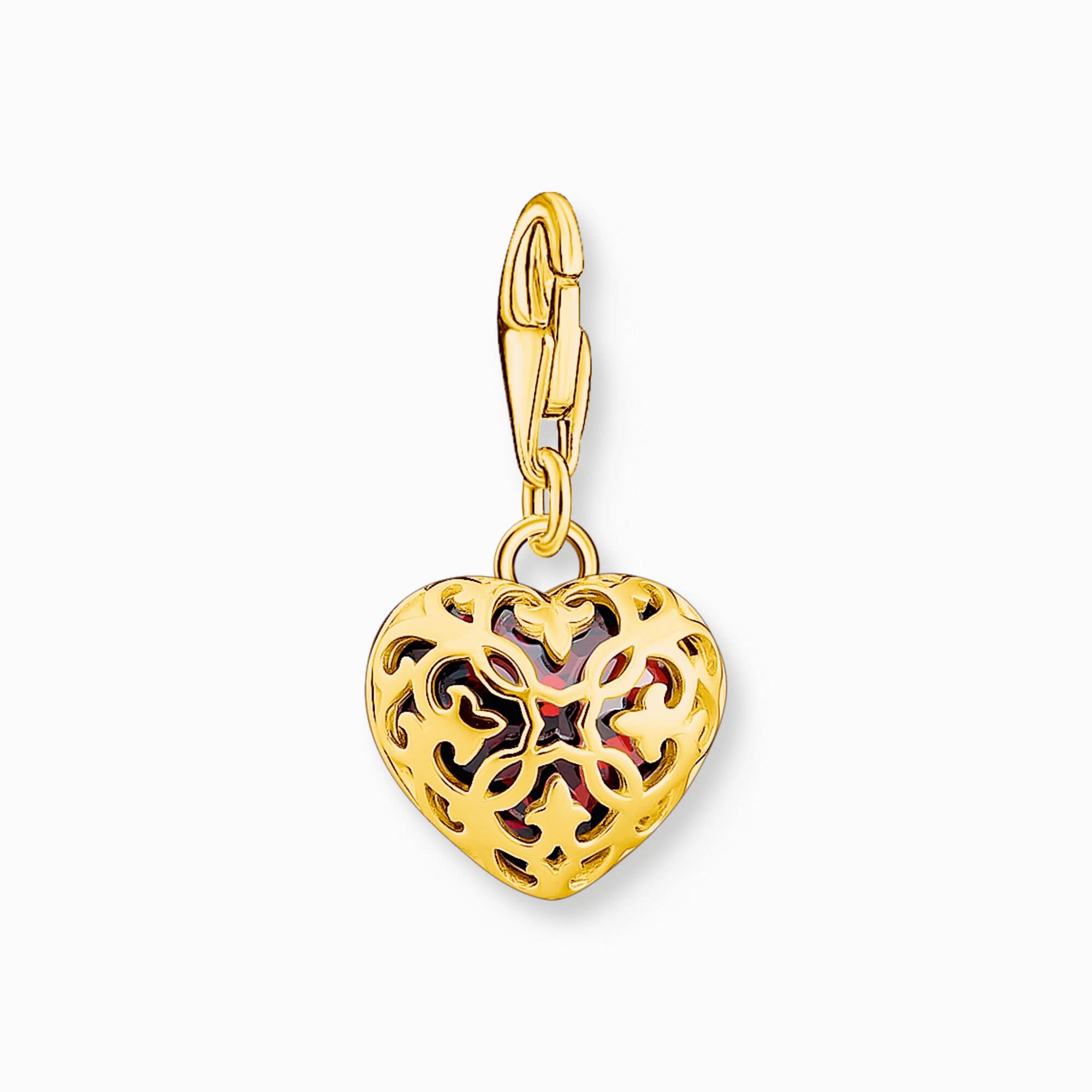 Ciondolo a cuore color oro con zircone rosso e motivo a filigrana, placcato oro 18k