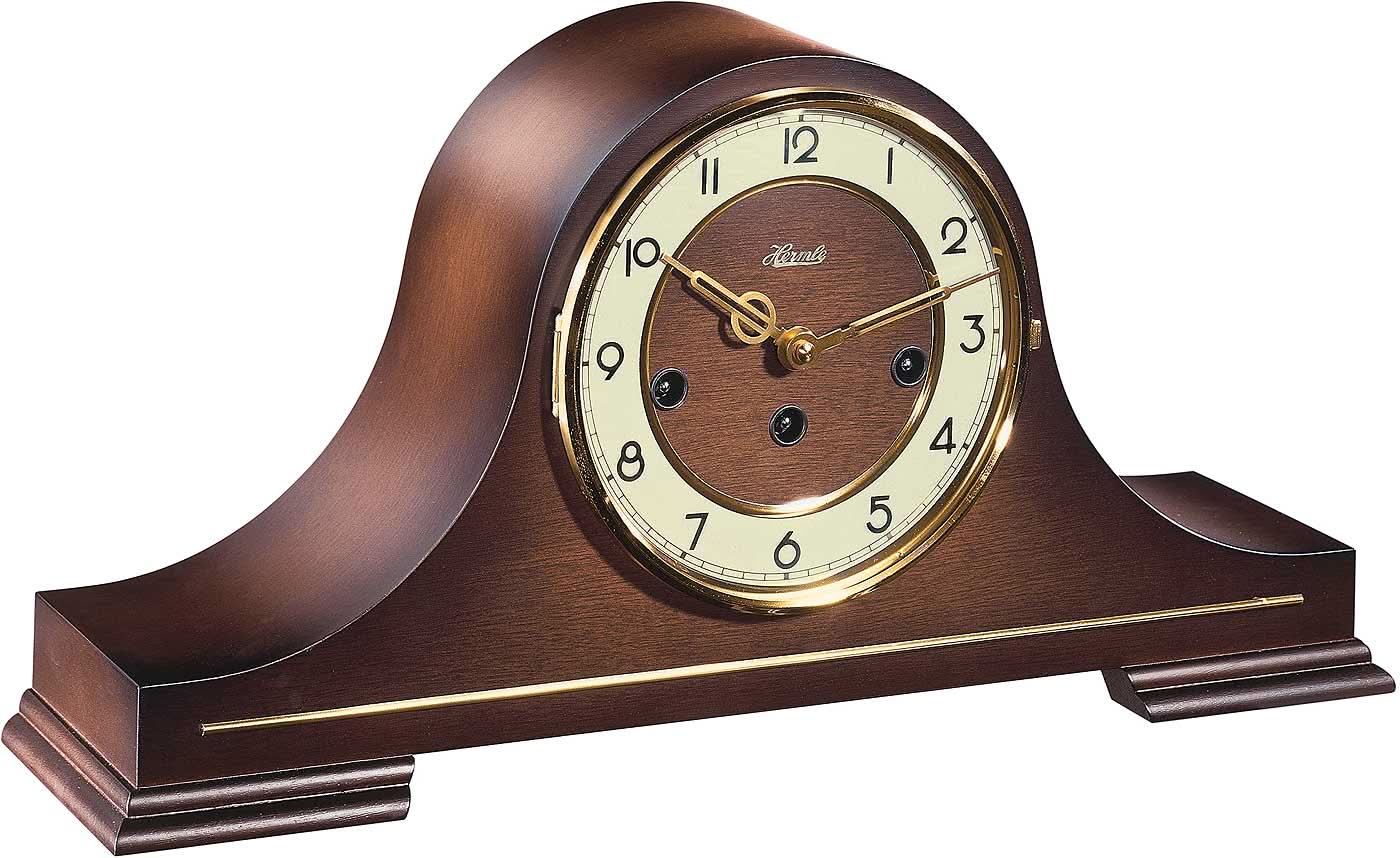 Orologio da tavolo color noce con fronte curva e quadrante rotondo, numeri romani