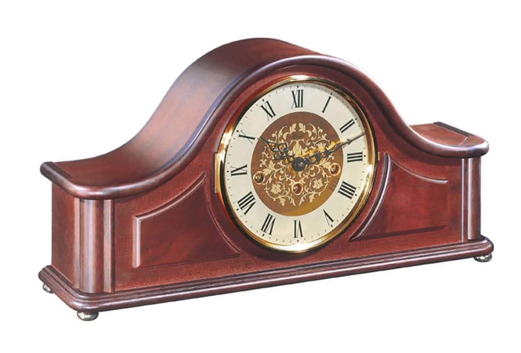 Orologio da tavolo in legno con quadrante rotondo, numeri romani e movimento color oro