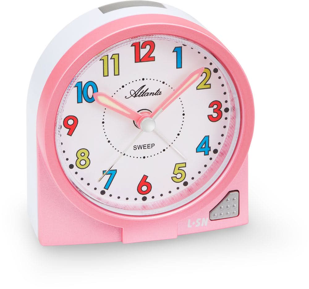 Sveglia analogica per bambini rosa con pulsante snooze, cassa in plastica