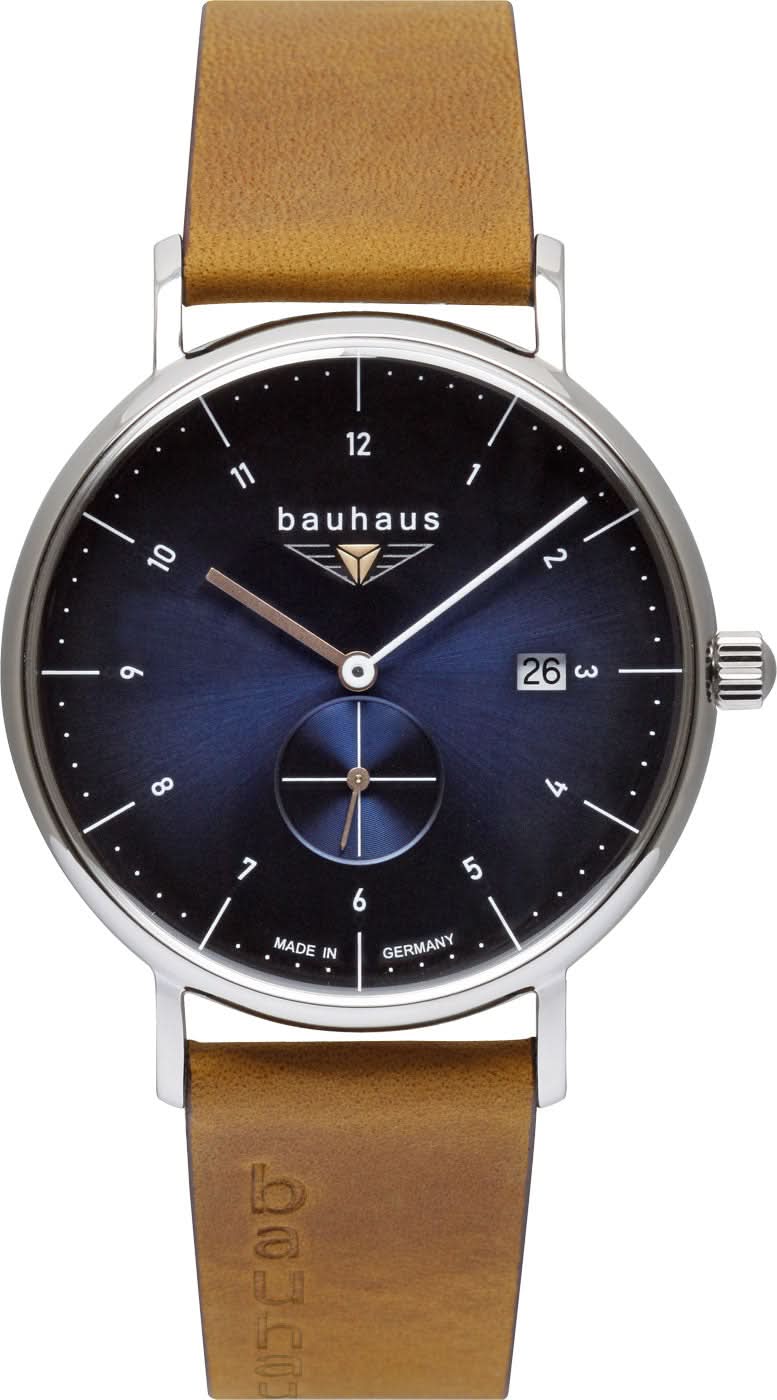 Orologio da uomo: quadrante blu scuro, secondi piccoli, cinturino in pelle marrone, cassa in acciaio, made in Germany