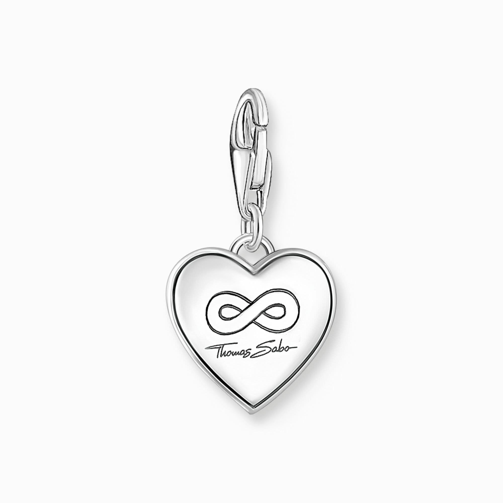 Charm a cuore in argento con scritta, simbolo dell'infinito e passante