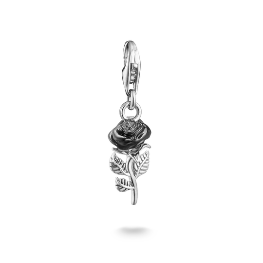 Charm pendente color argento con rosa smaltata e passante