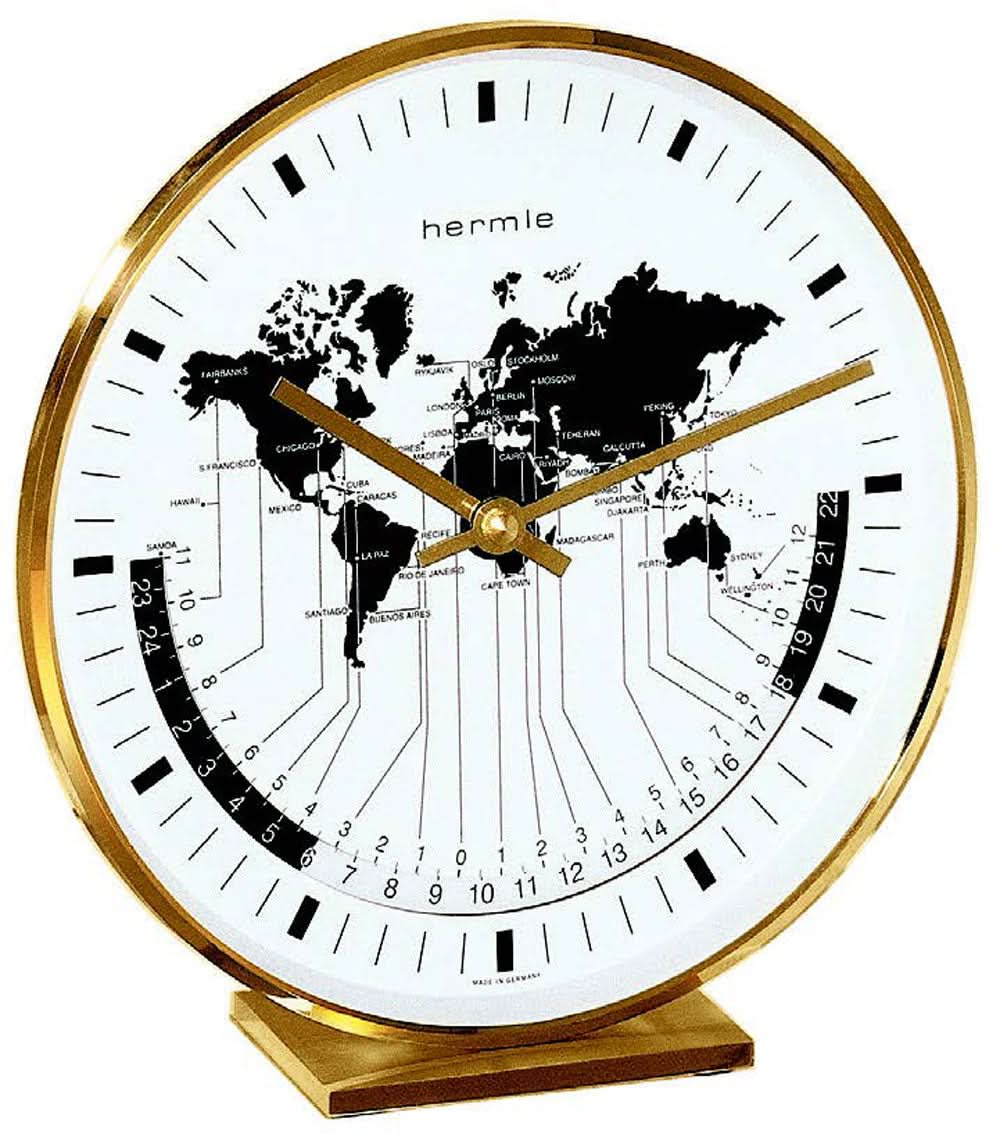 Orologio da tavolo Hermle 19x18x6,5 cm in ottone • Preciso movimento al quarzo • Indicatore ora mondiale