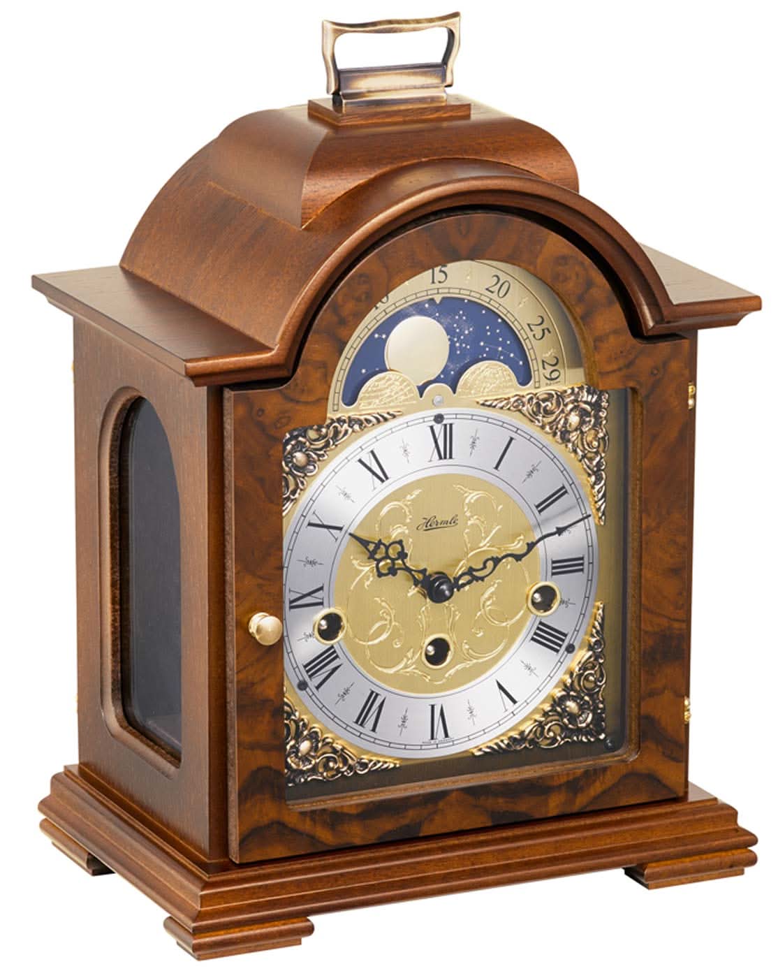 Orologio da tavolo in legno con quadrante fasi lunari, numeri romani e cornice decorativa