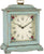 Orologio da tavolo in legno laccato turchese, vista frontale con quadrante bianco e numeri romani