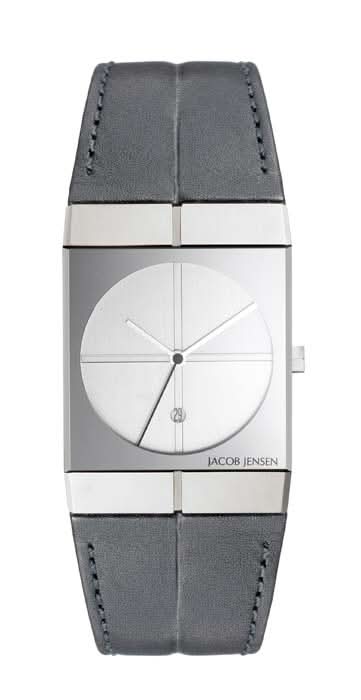Orologio unisex con cassa argentata, quadrante bianco e cinturino in pelle grigia, di JACOB JENSEN