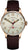 Orologio analogico con cinturino in pelle marrone, cassa argentata e quadrante bianco