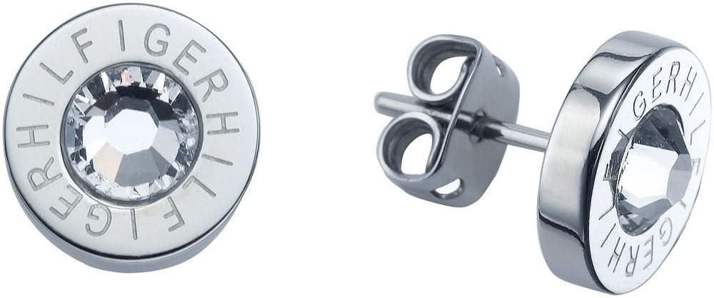 Orecchini a lobo Tommy Hilfiger color argento con pietra rotonda e piccolo anello con logo.