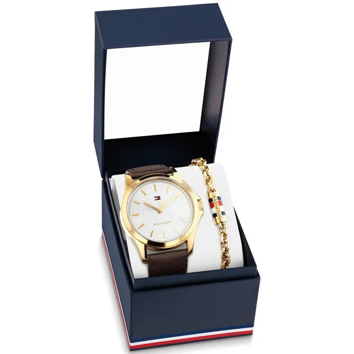 Tommy Hilfiger Bruce 2770221 Herren Armbanduhr Goldfarben • Quarzwerk • Lederarmband mit Mesh-Armband-Set