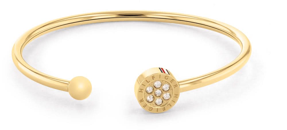 Bracciale color oro con perla rotonda e placca decorativa con pietre scintillanti