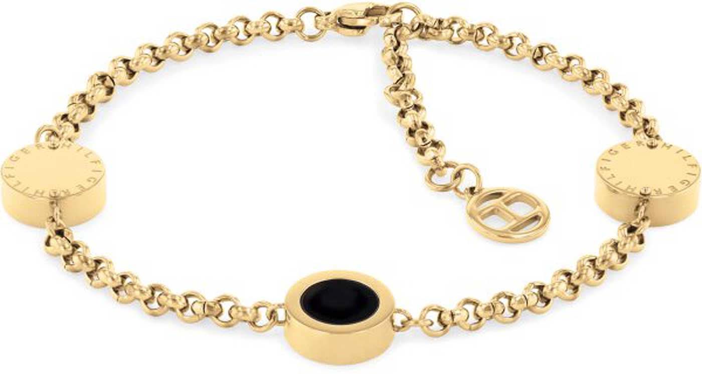 Bracciale con ciondoli, catena color oro, ciondoli a disco rotondo e inserto nero