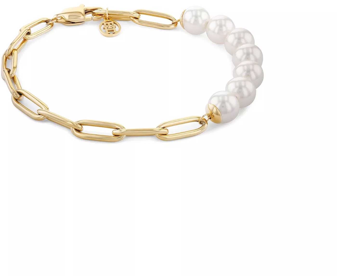 Grosso collier a catena con perle bianche e maglie color oro, con chiusura e ciondolo logo.
