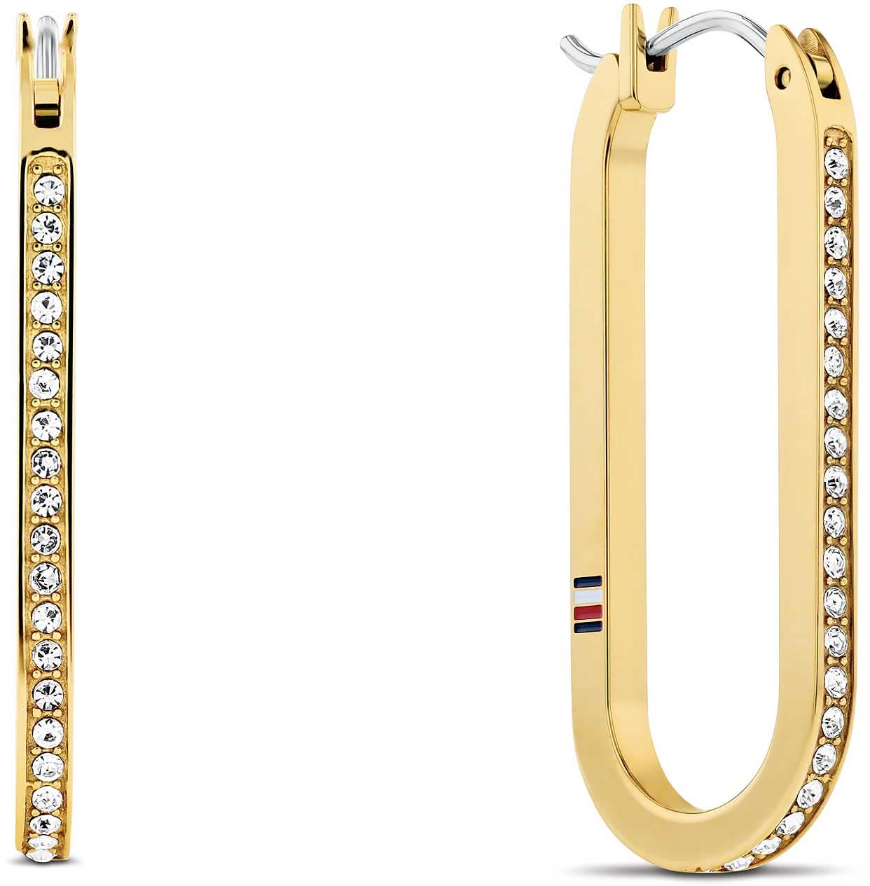 Orecchini a cerchio tempestati di strass di Tommy Hilfiger, anello color oro con fila di pietre trasparenti