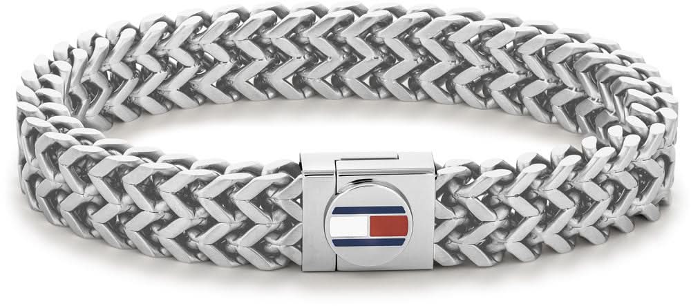 Bracciale in acciaio inossidabile con catena a maglie piatte e ciondolo con bandierina Tommy Hilfiger sulla chiusura