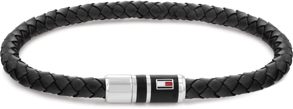 Bracciale in pelle nera intrecciata con chiusura in argento e logo Tommy Hilfiger