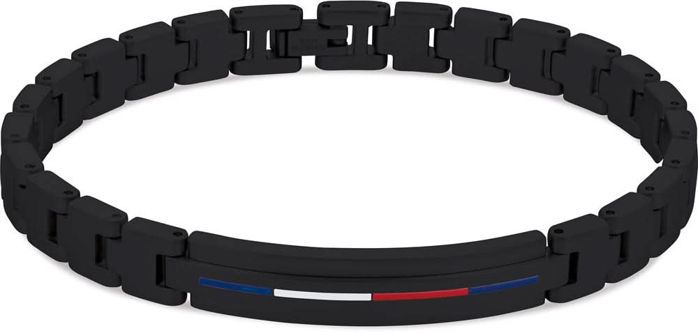 Bracciale a maglie in acciaio inossidabile nero con strisce colorate e logo Tommy Hilfiger
