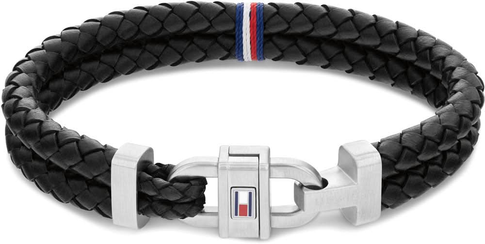 Tommy Hilfiger bracciale in pelle, pelle nera intrecciata, con chiusura in metallo e striscia con logo