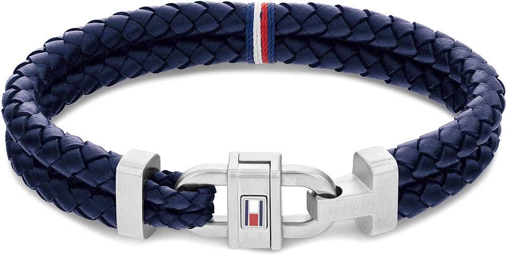 Bracciale in pelle intrecciata Tommy Hilfiger con motivo intrecciato blu scuro e chiusura argentata