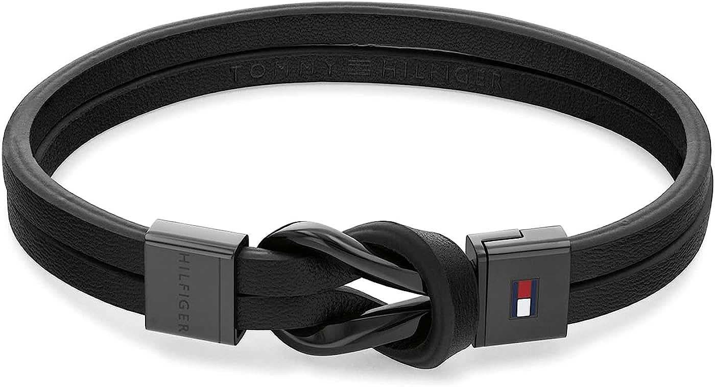 Tommy Hilfiger Lederarmband: schwarzes Leder, Knoten-Clip, Metallverschluss