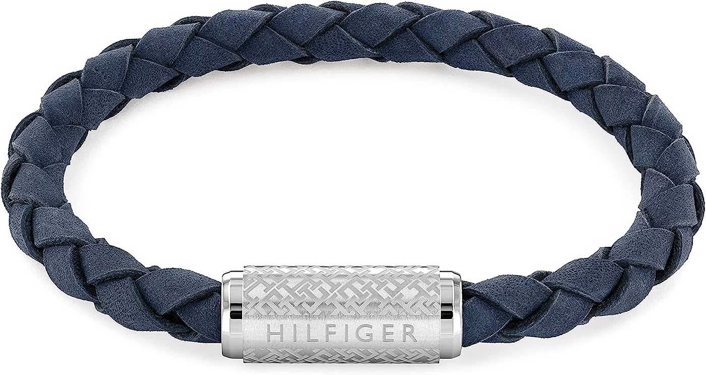 Bracciale in pelle intrecciata, blu scuro intrecciato, chiusura in argento con scritta Hilfiger