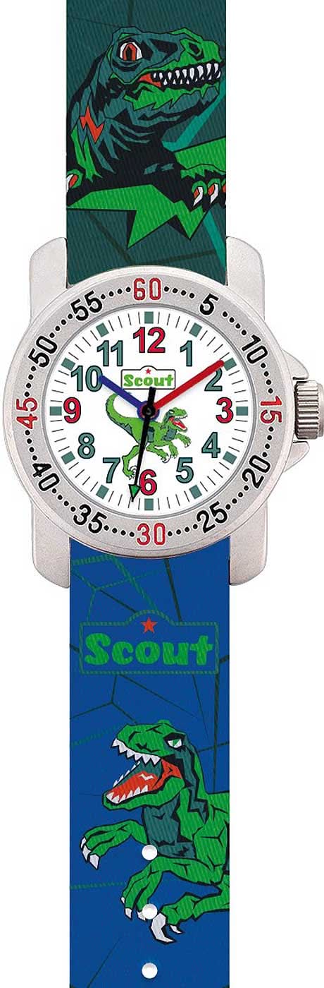 Orologio da bambino con motivo dinosauro, quadrante bianco e cinturino blu