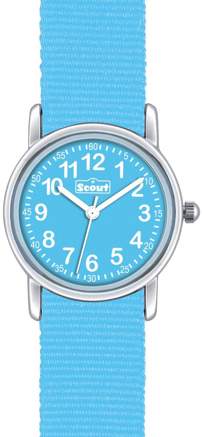 Orologio da bambino con cinturino blu e cassa rotonda in argento, quadrante con numeri
