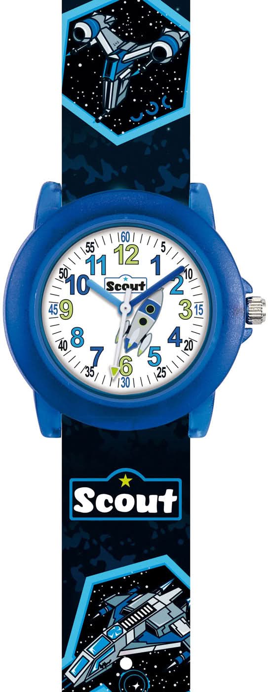 Orologio da bambino con cinturino blu e quadrante rotondo, numeri grandi, quadrante didattico