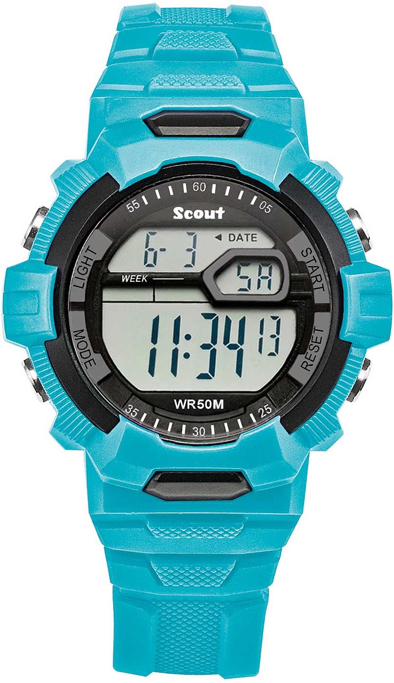 Orologio digitale per bambini con cinturino in plastica turchese e lunetta nera, display visibile