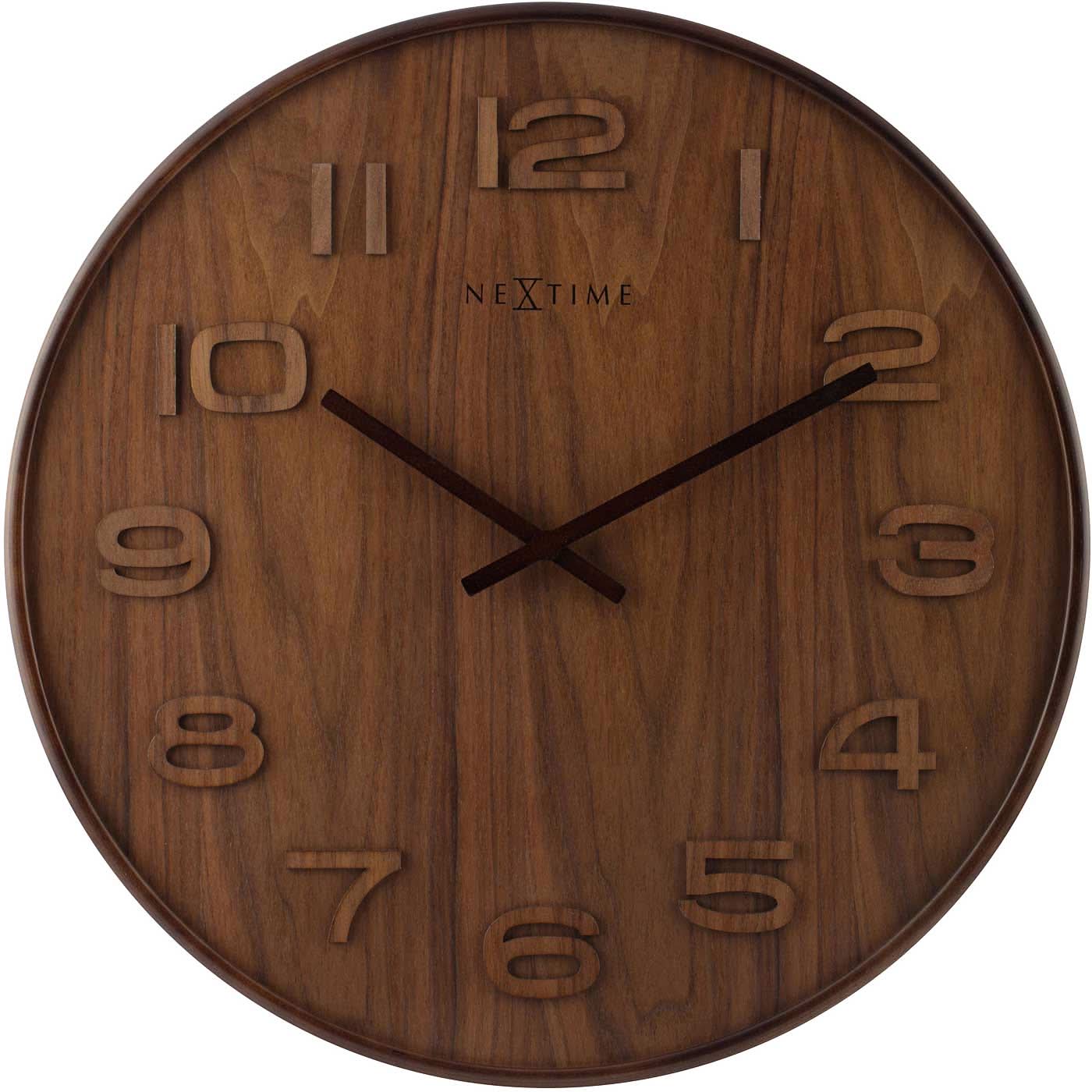 Orologio da parete in legno con numeri romani, lancette nere e cassa in legno marrone