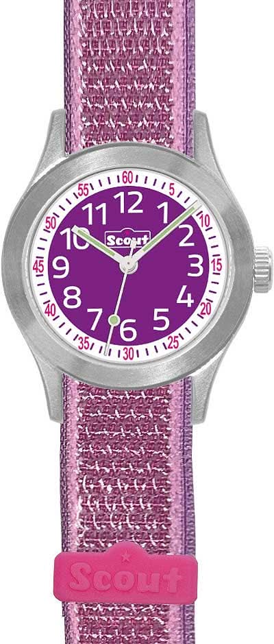 "Orologio Scout Cool da bambina con cinturino in tessuto viola e quadrante rotondo, cassa argentata"