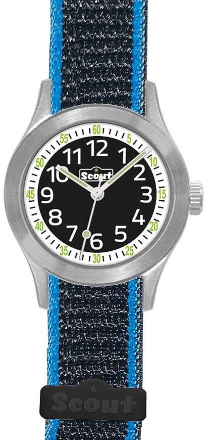 Orologio per bambini con cassa in acciaio inossidabile, quadrante nero e cinturino in tessuto blu con chiusura in velcro