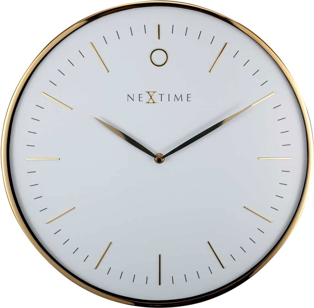 Orologio da parete con cornice in metallo dorato, quadrante bianco e lancette dorate
