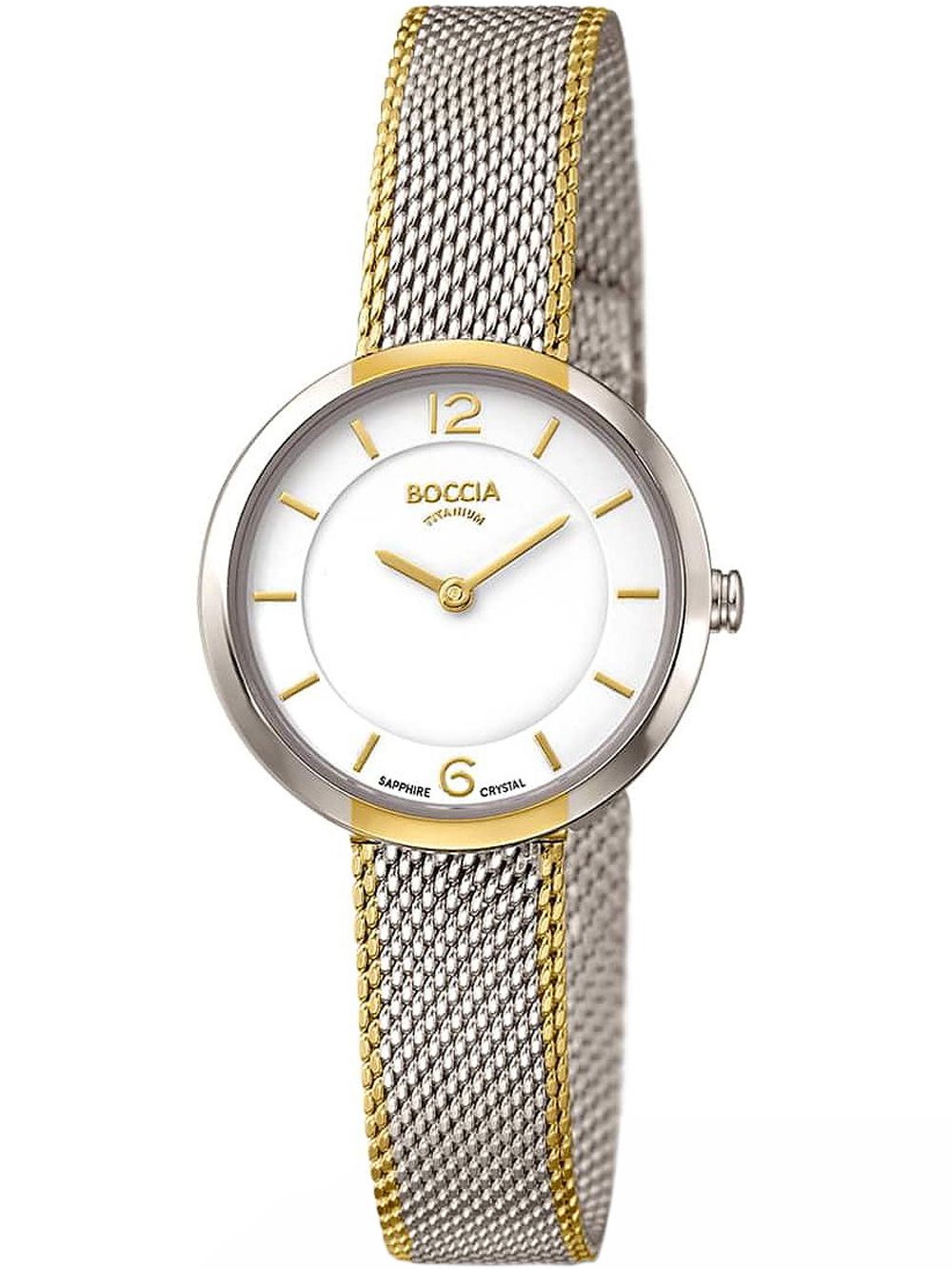 Boccia Titanium 3266-06 Damen Armbanduhr Weiß • Saphirglas • Bicolor Mesh-Armband