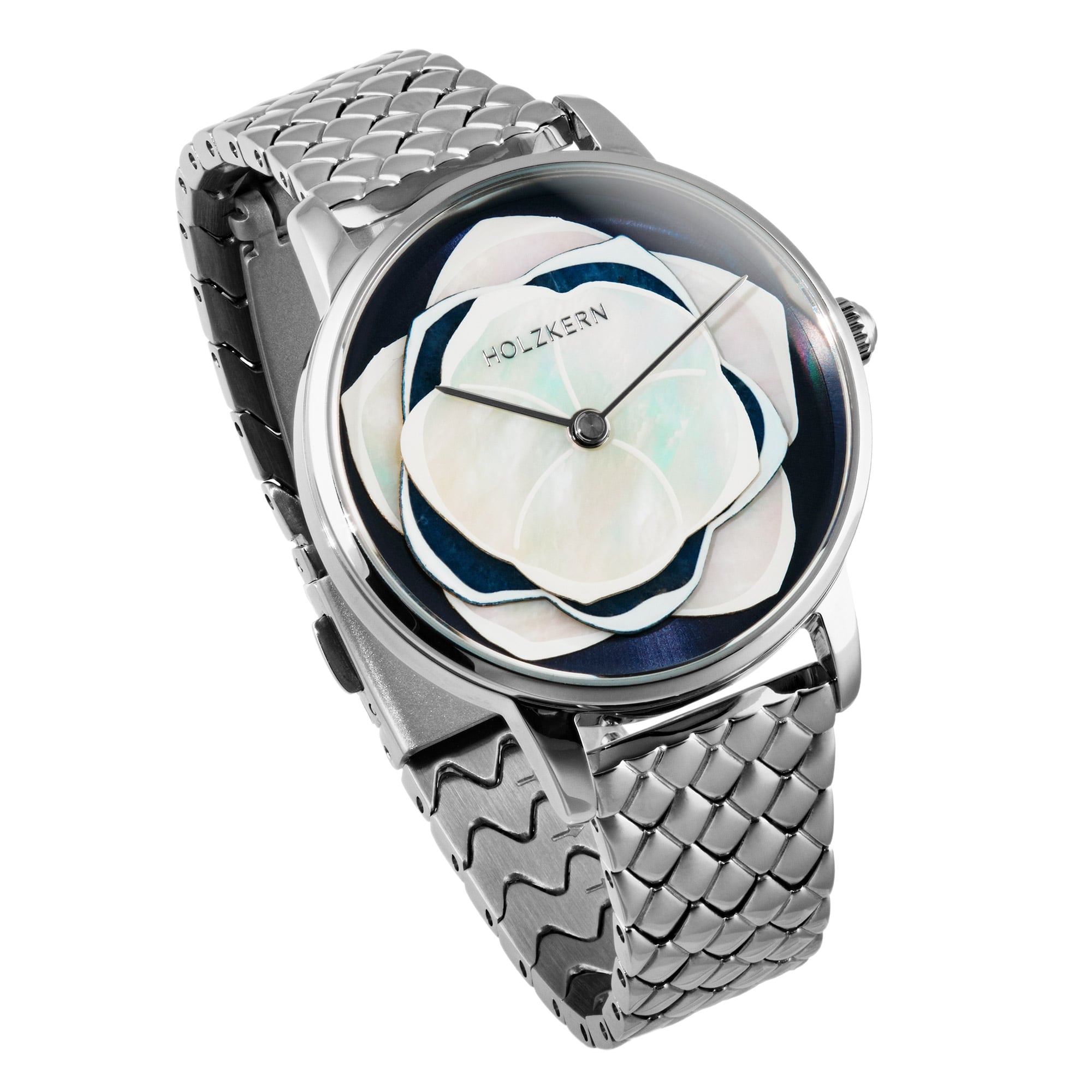 Holzkern Rosetta Damen Armbanduhr Silber • Echter Perlmutt & Sodalith • Miyota Quarzwerk