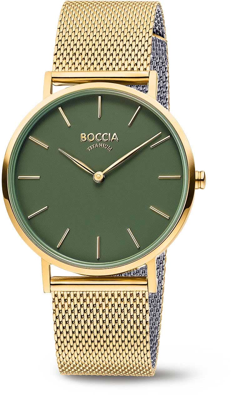 "Orologio da donna Boccia con quadrante verde, indici color oro e cinturino a rete"