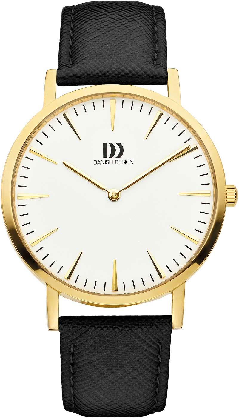 Danish Design Herrenarmbanduhr mit schwarzem Lederband, goldenem Gehäuse und weißem Zifferblatt